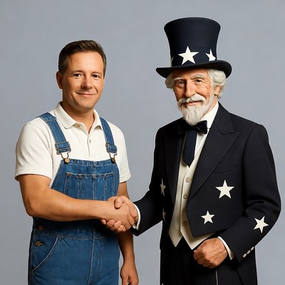 Man in overalls shaking hands with Uncle Sam