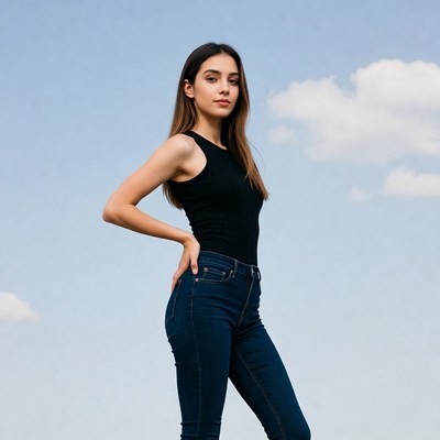 Young woman posing in tank top jeans