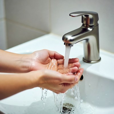 Woman's hands under running faucet