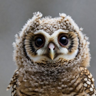 Fluffy baby barred owl closeup