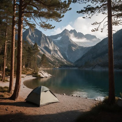 Green tent by alpine lake