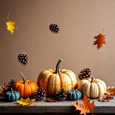 Autumn Pumpkins and Pinecones with Leaves