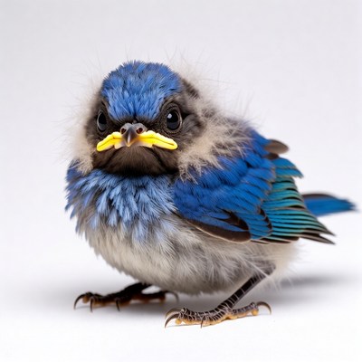 Fluffy Bluebird Chick with Yellow Beak