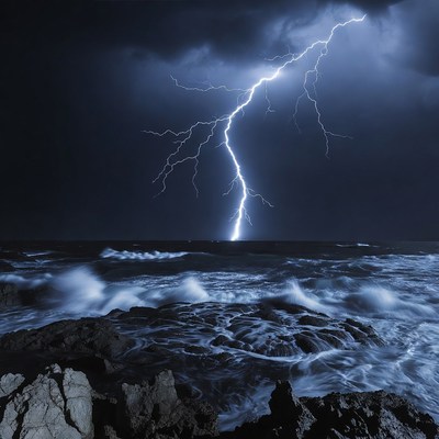 Lightning Storm Over Ocean Rocks