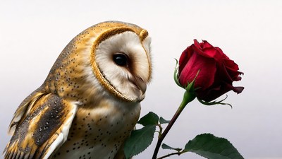 Barn Owl with Red Rose