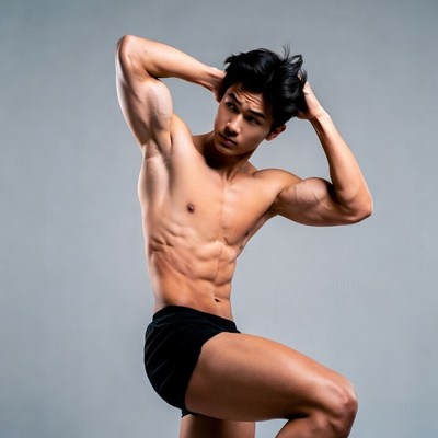 Muscular Asian man posing shirtless