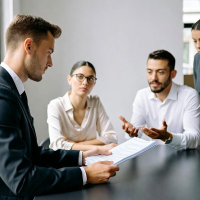 Business professionals reviewing documents at meeting