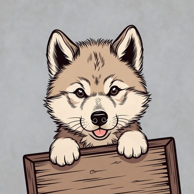 Cute Husky Puppy Peeking Over Wooden Sign