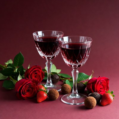 Two Wine Glasses with Roses and Chocolates
