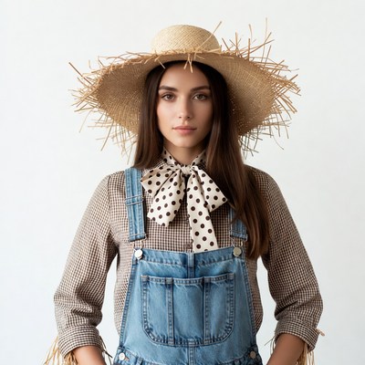 Woman in straw hat and overalls