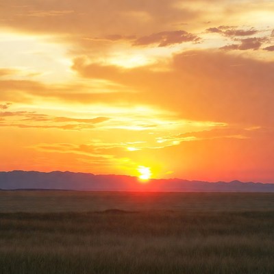 Sunset over grassy field and mountains