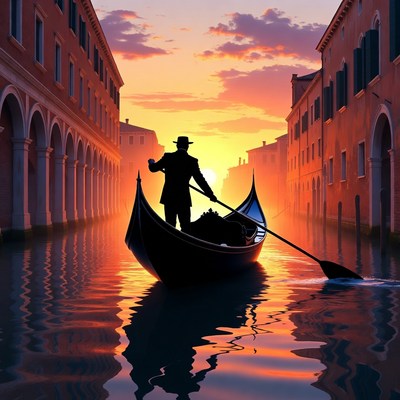 Silhouette Gondolier Rowing Venice Canal Sunset