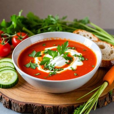 Tomato Soup Bowl with Cream and Veggies