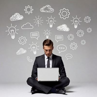 Businessman working on laptop with idea icons