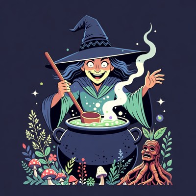 Witch stirring magical cauldron
