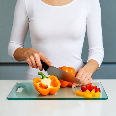 Woman cutting orange bell peppers