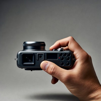 Hand holding black compact camera