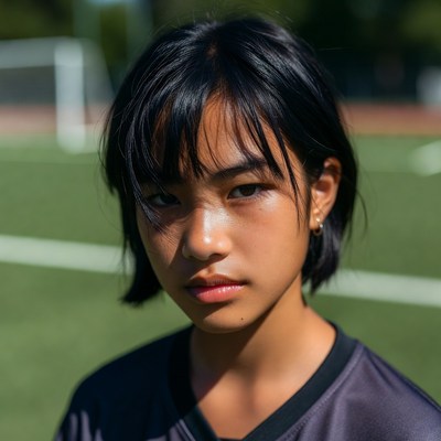 Asian girl in soccer jersey on field