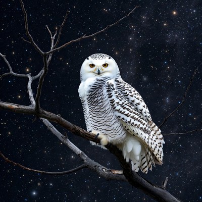 Snowy Owl Perched on Branch at Night
