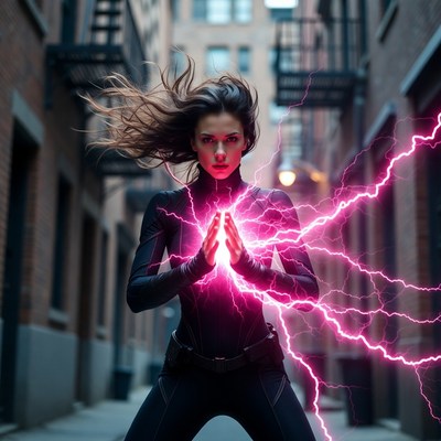 Woman wielding pink lightning in alley