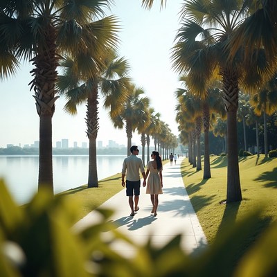 Couple holding hands walking palm pathway