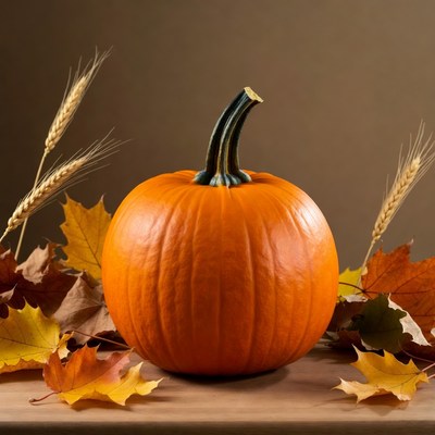 Pumpkin with autumn leaves and wheat