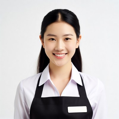 Asian woman in black apron