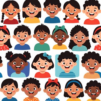 Diverse cartoon children smiling faces