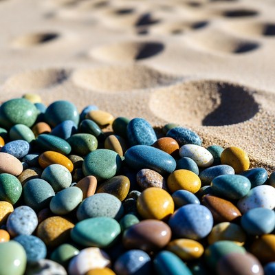Colorful pebbles on sandy beach