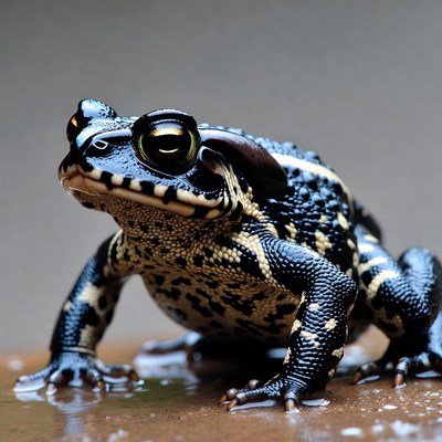 Black and white toad on wet surface