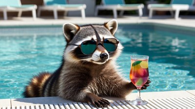 Raccoon with sunglasses holding cocktail