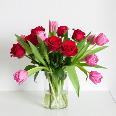 Red Roses and Pink Tulips Bouquet