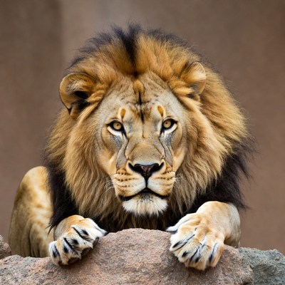 Lion with majestic mane on rock