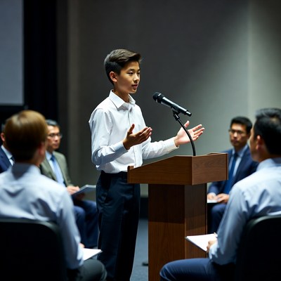 Young Asian boy speaking at podium