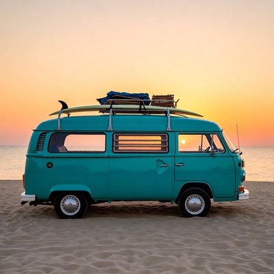 Turquoise VW Van on Beach at Sunset