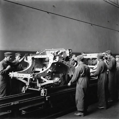 Workers assembling car frame in factory