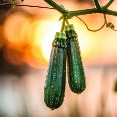 Zucchini hanging on vine at sunset