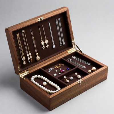 Open Wooden Jewelry Box with Accessories
