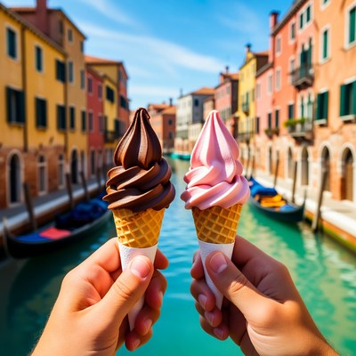Hands Holding Chocolate and Pink Ice Cream Cones Venice