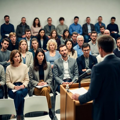 Man speaking at podium to audience