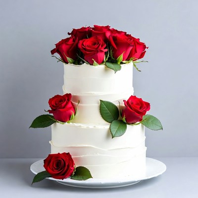 Two-Tier White Wedding Cake with Red Roses