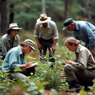 Scientists Examining Plants in Forest