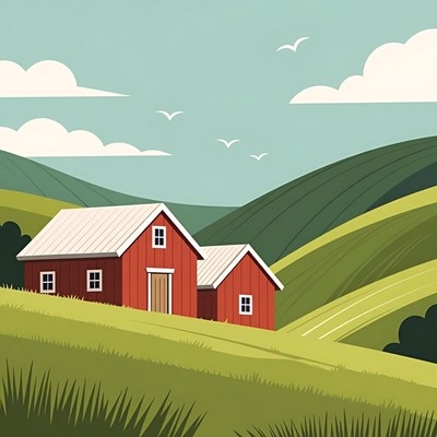 Red Barns on Green Hillside