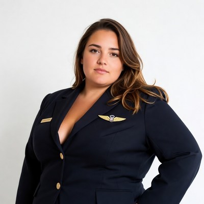 Curvy woman in flight attendant uniform