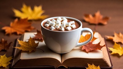 Hot cocoa with marshmallows and autumn leaves