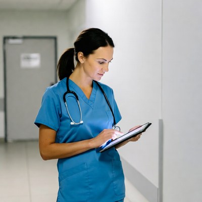 Nurse using tablet in hospital corridor