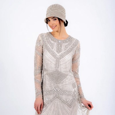 Woman in Beaded Flapper Dress and Cloche Hat