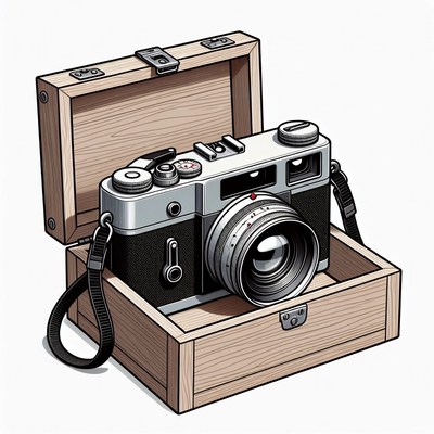 Vintage Camera in Open Wooden Box