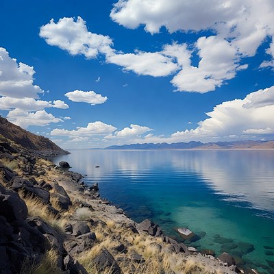 Turquoise Lake with Mountains and Clouds
