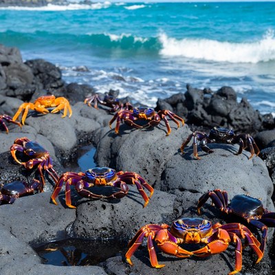 Colorful Sally Lightfoot Crabs on Volcanic Rocks